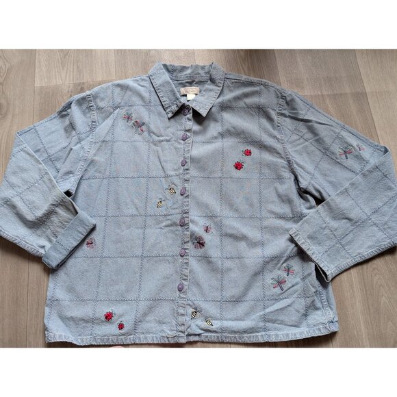 Christopher & Banks XL Denim Embroidered Button-Up Shirt Dragonflies Ladybugs - Picture 3 of 10